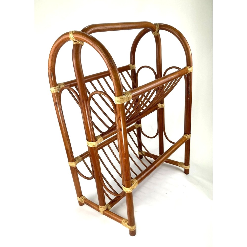 Vintage mid Century mcm Wicker Rattan Bamboo Magazine Book Towel 2-Tier Unit...